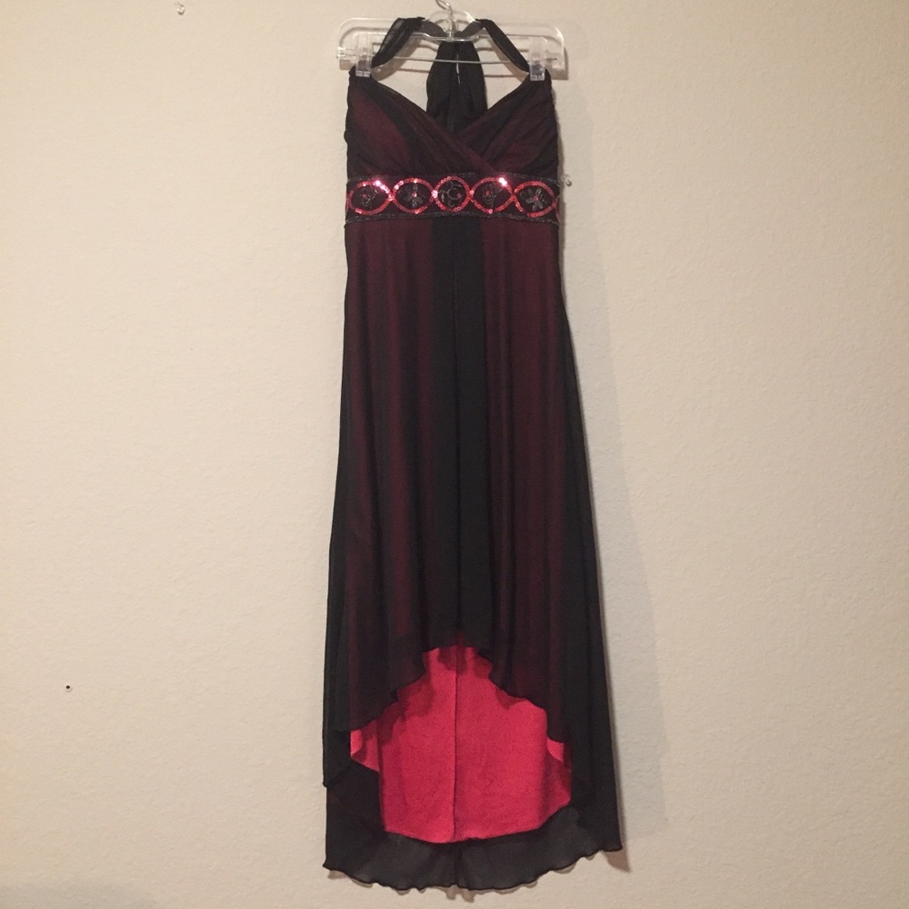 Pink with black mesh high low formal dress